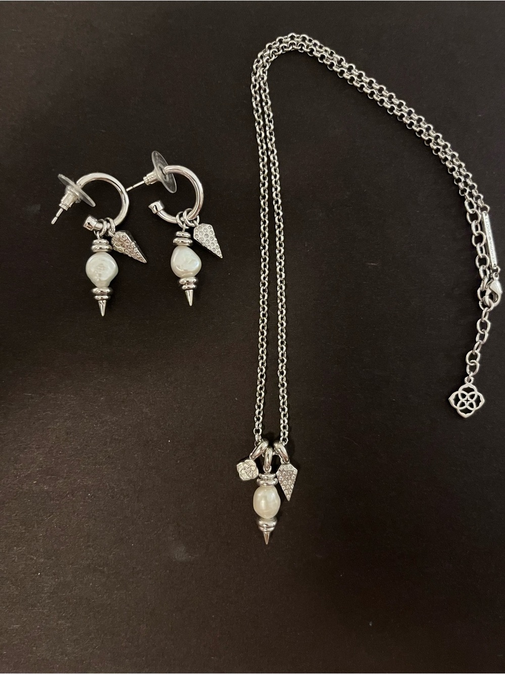 Kendra Scott Silver and White Pearl Drop Necklace with Matching Earrings